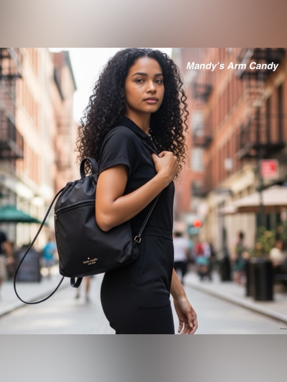 New Kate Spade Medium Black Nylon Drawstring Backpack $378